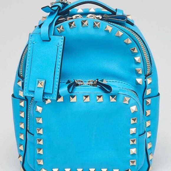 Valentino Bright Blue Smooth Leather Rockstud Mini Backpack Bag - Picture 1 of 10